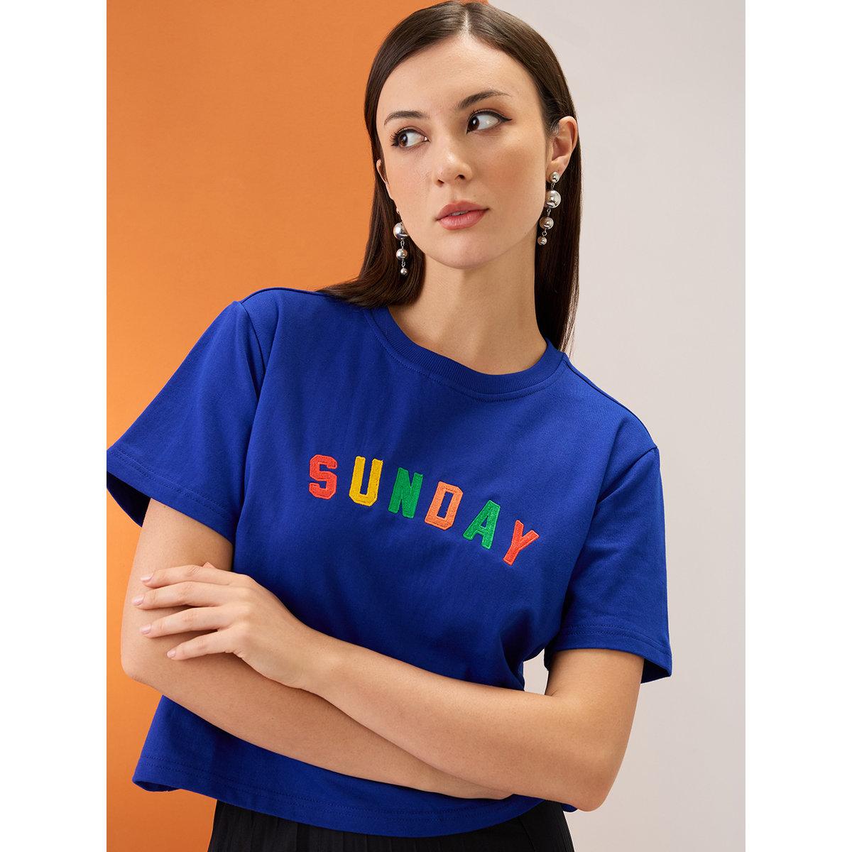 Globus X Styli Blue Embroidered Applique Boxy Crop T-Shirt-women-clothing-tshirts-image-1