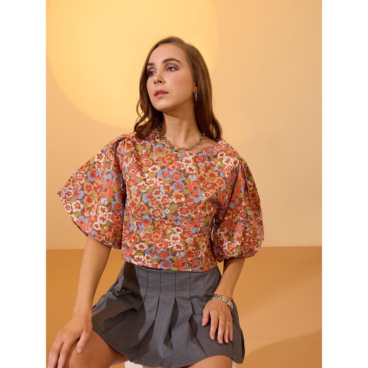 Globus X Styli Multi Floral Print Puff Sleeves Crop Top-women-clothing-tshirts-image-1