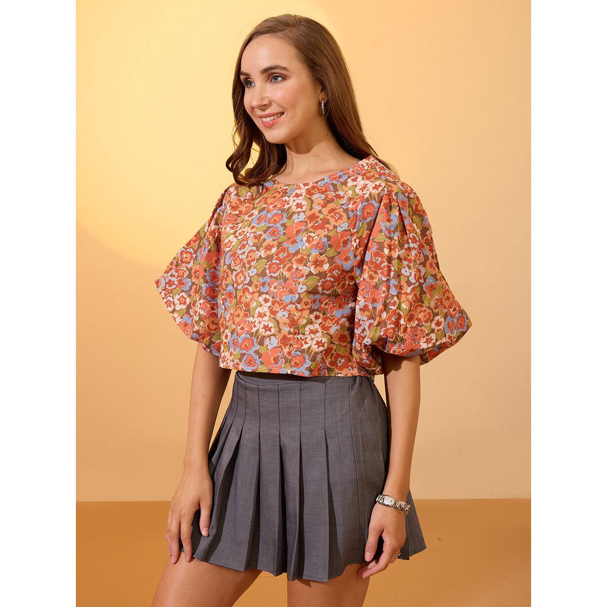 Globus X Styli Multi Floral Print Puff Sleeves Crop Top-women-clothing-tshirts-image-2