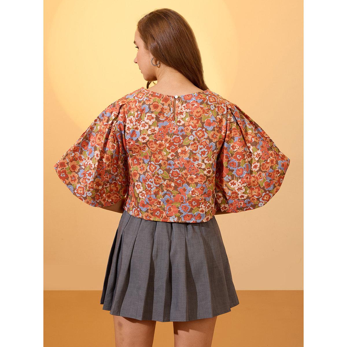 Globus X Styli Multi Floral Print Puff Sleeves Crop Top-women-clothing-tshirts-image-3