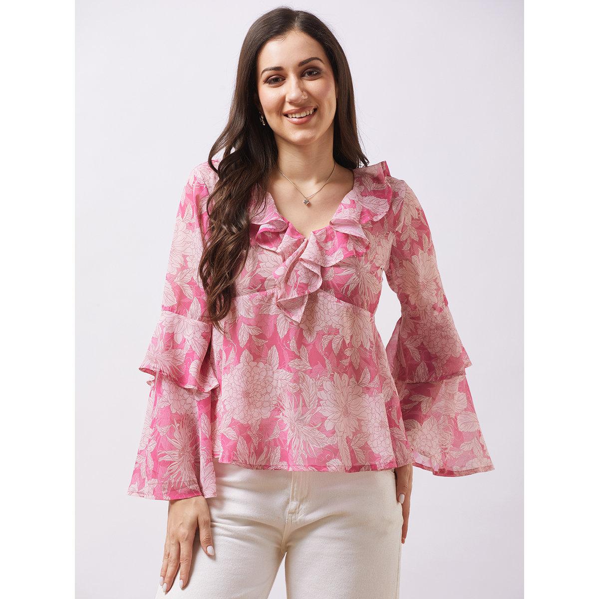 Globus X Styli Pink Layered Flared Sleeves Georgette Top-women-clothing-shirtsandblouses-blouses-image-1