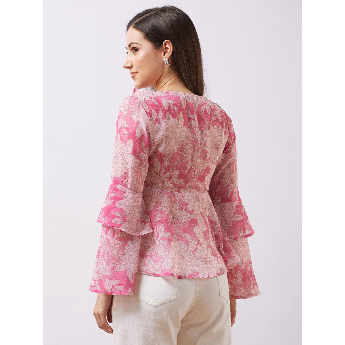 Globus X Styli Pink Layered Flared Sleeves Georgette Top-women-clothing-shirtsandblouses-blouses-image-3