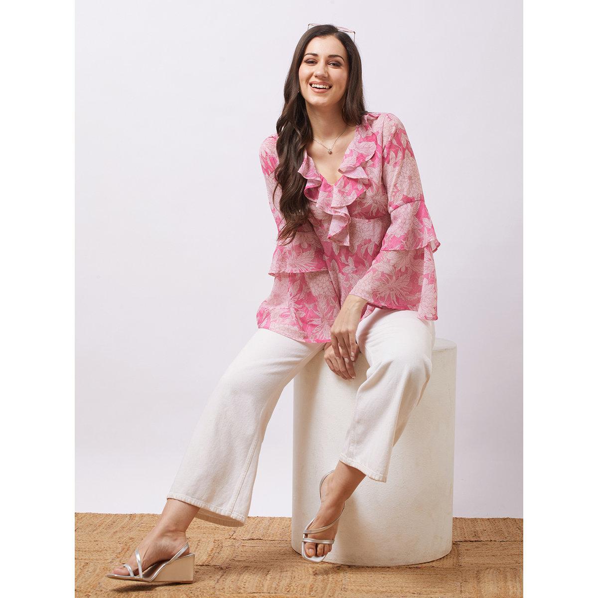 Globus X Styli Pink Layered Flared Sleeves Georgette Top-women-clothing-shirtsandblouses-blouses-image-5