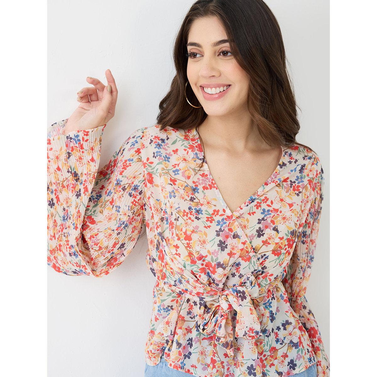 Globus X Styli Multi Georgette Floral Print Wrap Top-women-clothing-shirtsandblouses-blouses-image-1