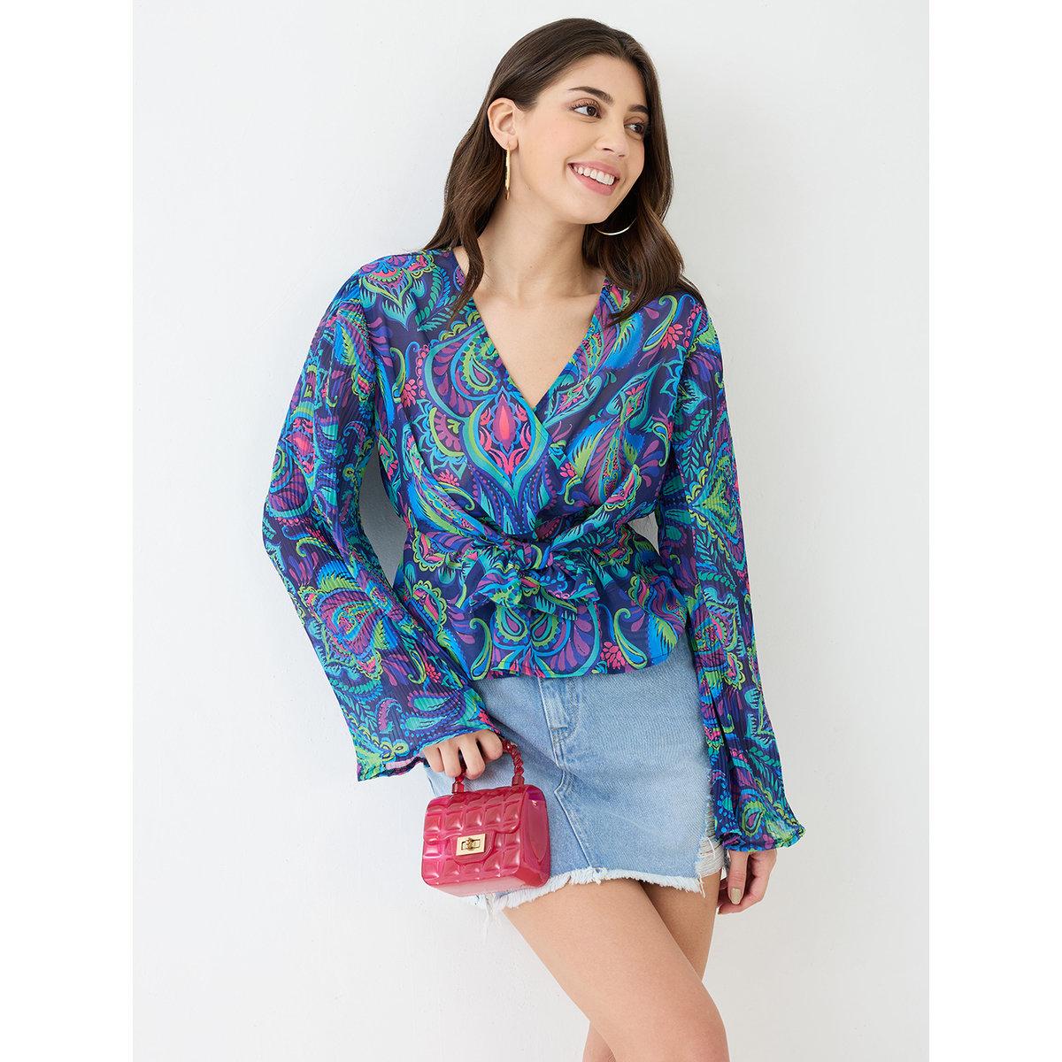 Globus X Styli Blue Georgette Paisley Print Wrap Top-women-clothing-shirtsandblouses-blouses-image-1