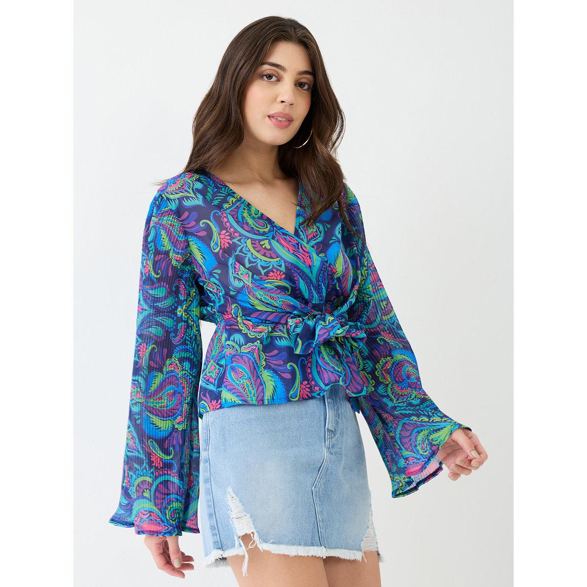 Globus X Styli Blue Georgette Paisley Print Wrap Top-women-clothing-shirtsandblouses-blouses-image-2