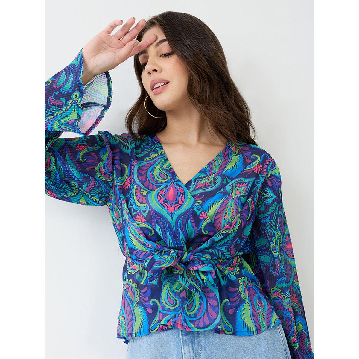 Globus X Styli Blue Georgette Paisley Print Wrap Top-women-clothing-shirtsandblouses-blouses-image-4