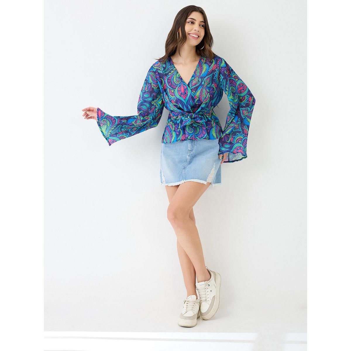 Globus X Styli Blue Georgette Paisley Print Wrap Top-women-clothing-shirtsandblouses-blouses-image-5