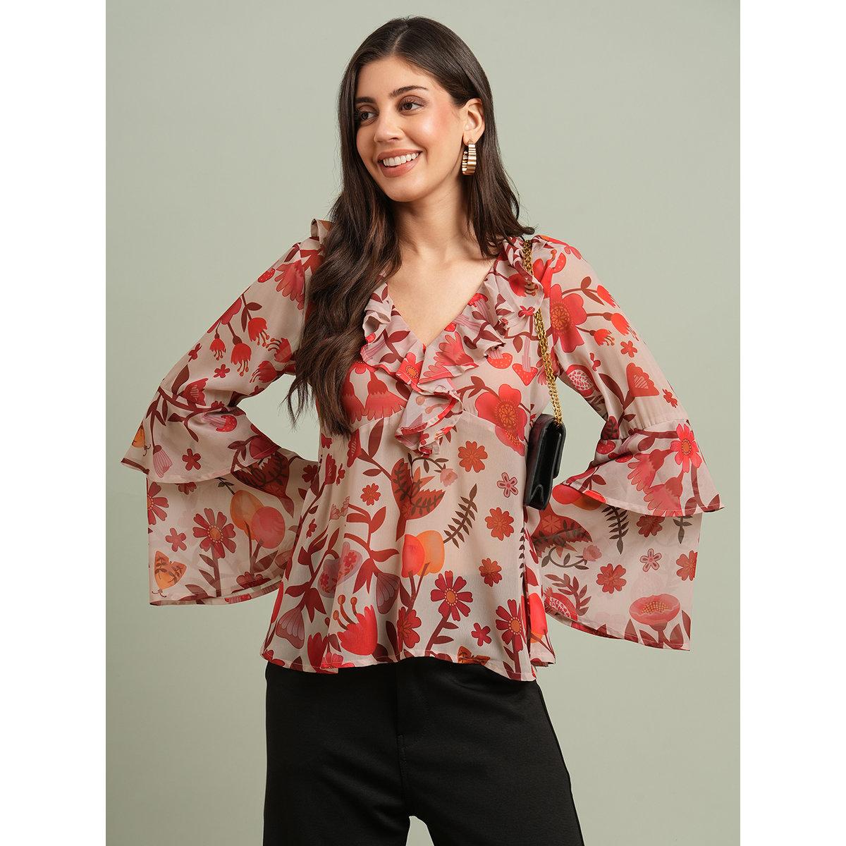 Globus X Styli Red Floral Ruffle Detail Georgette Top-women-clothing-shirtsandblouses-blouses-image-1