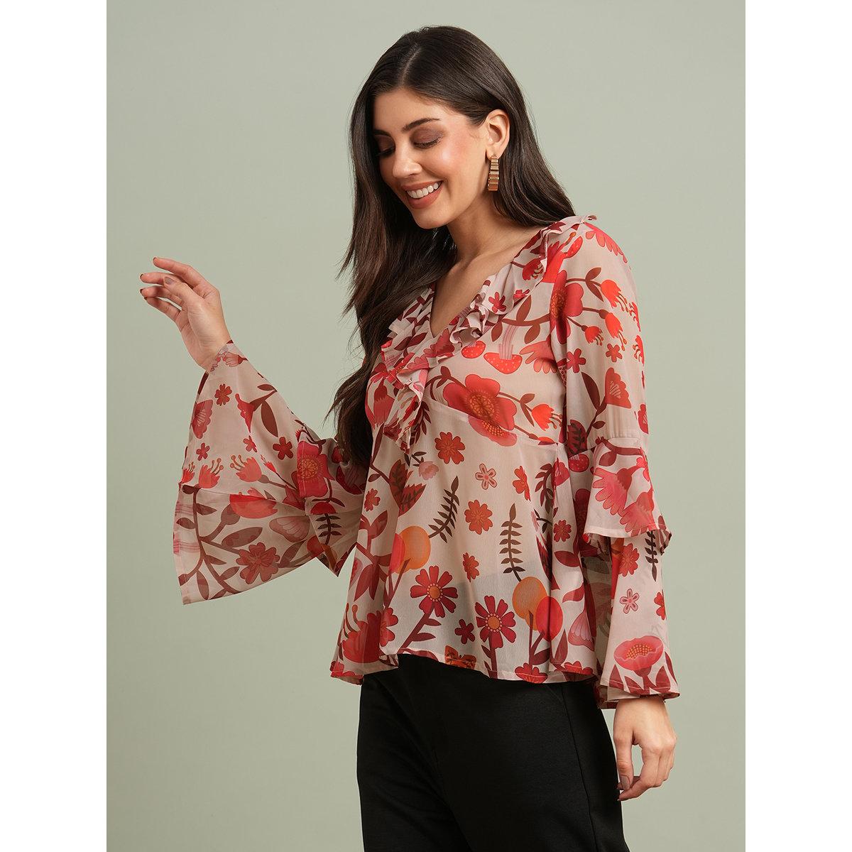 Globus X Styli Red Floral Ruffle Detail Georgette Top-women-clothing-shirtsandblouses-blouses-image-2