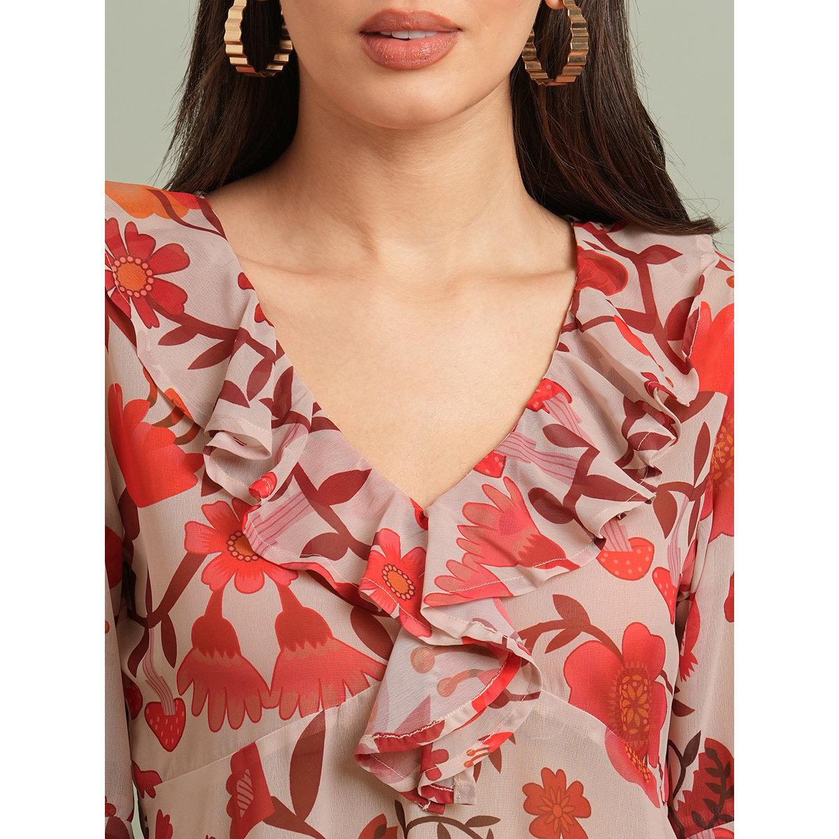 Globus X Styli Red Floral Ruffle Detail Georgette Top-women-clothing-shirtsandblouses-blouses-image-4