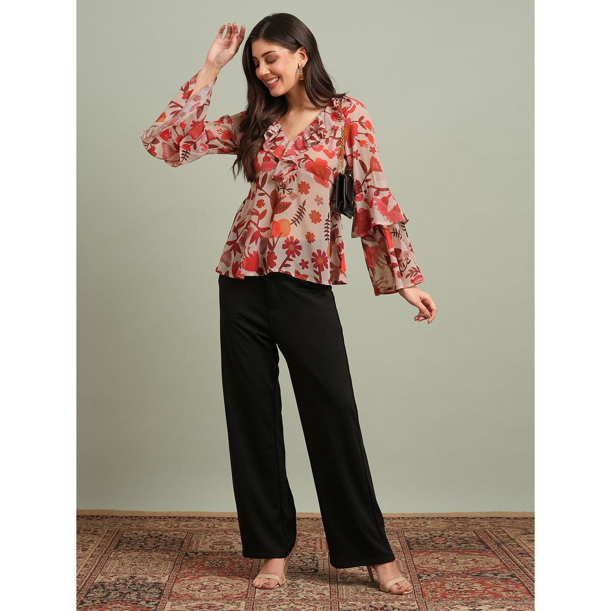 Globus X Styli Red Floral Ruffle Detail Georgette Top-women-clothing-shirtsandblouses-blouses-image-5