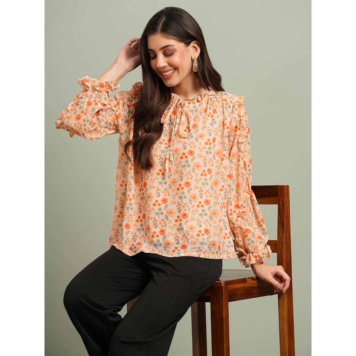 Globus X Styli Orange Floral Print Ruffle Detail Top-women-clothing-shirtsandblouses-blouses-image-1