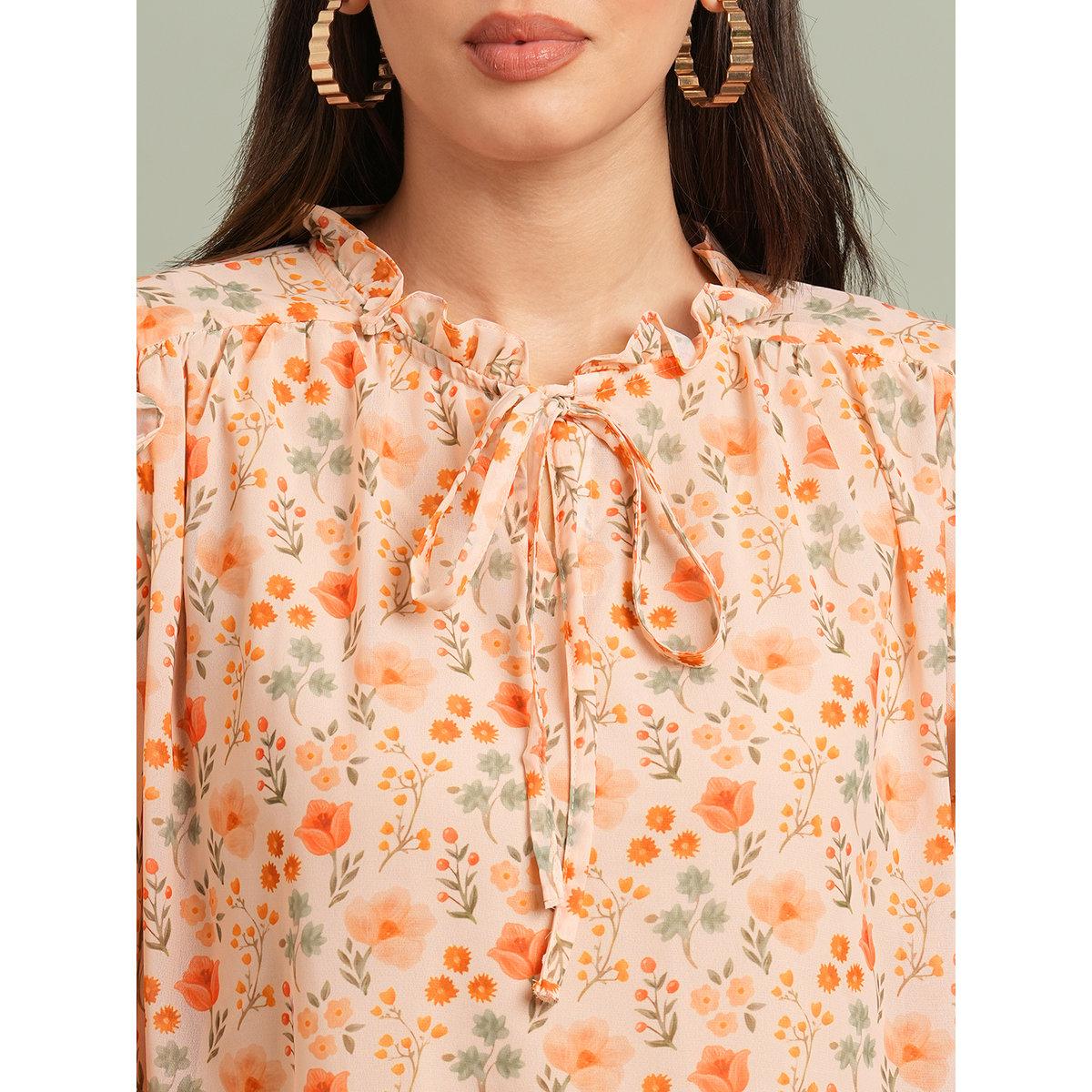 Globus X Styli Orange Floral Print Ruffle Detail Top-women-clothing-shirtsandblouses-blouses-image-4