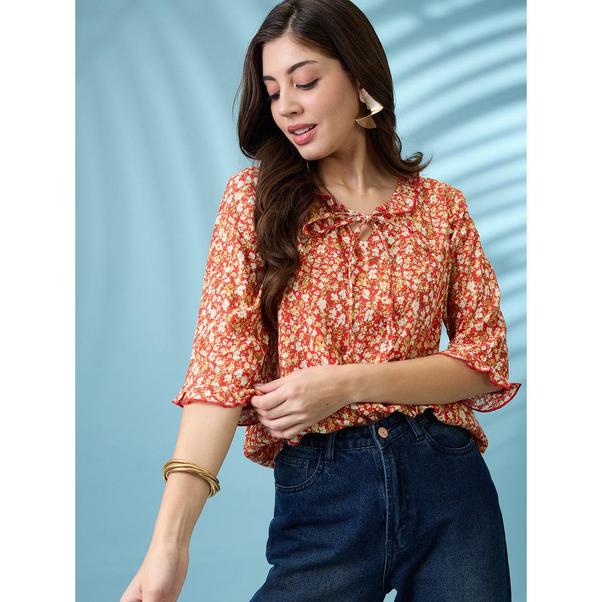 Globus X Styli Red Tie-Up Neck Frill Detail Top-women-clothing-shirtsandblouses-blouses-image-1