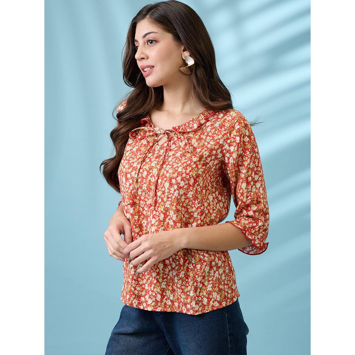 Globus X Styli Red Tie-Up Neck Frill Detail Top-women-clothing-shirtsandblouses-blouses-image-2