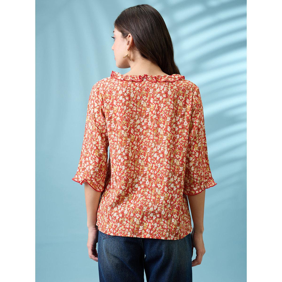 Globus X Styli Red Tie-Up Neck Frill Detail Top-women-clothing-shirtsandblouses-blouses-image-3