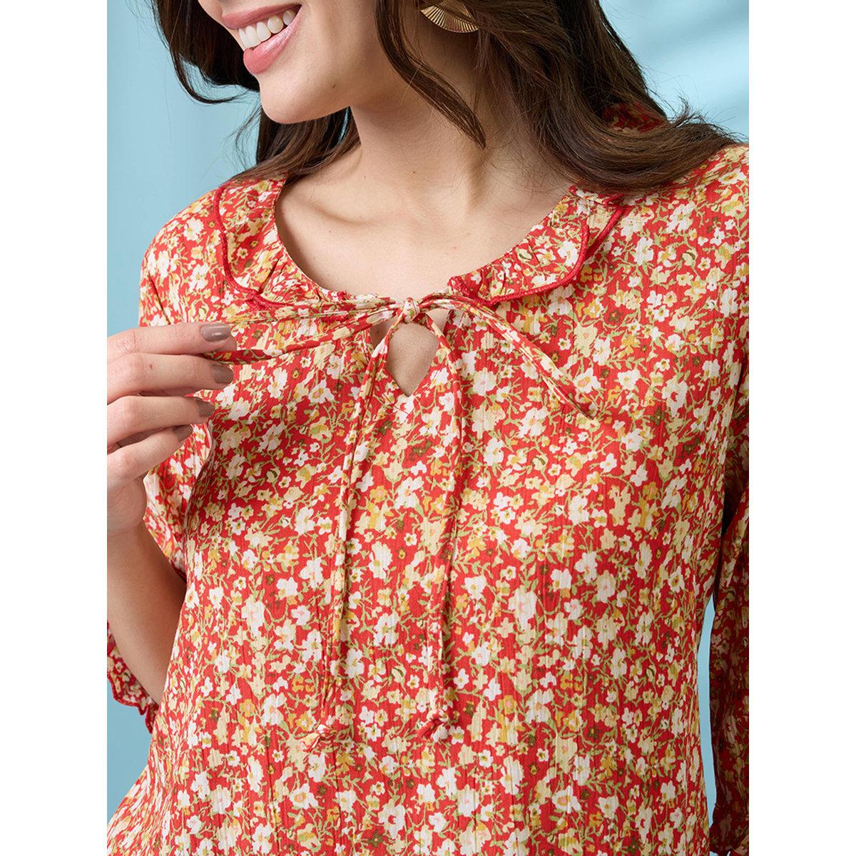 Globus X Styli Red Tie-Up Neck Frill Detail Top-women-clothing-shirtsandblouses-blouses-image-4