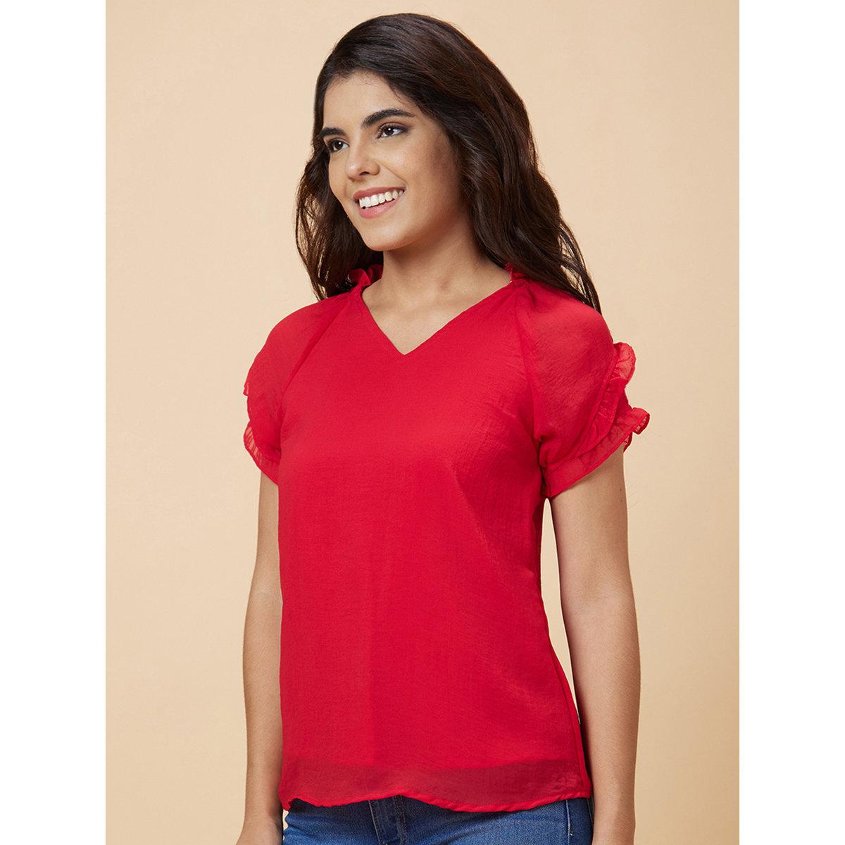 Globus X Styli Red Solid V Neck Top-women-clothing-shirtsandblouses-blouses-image-4