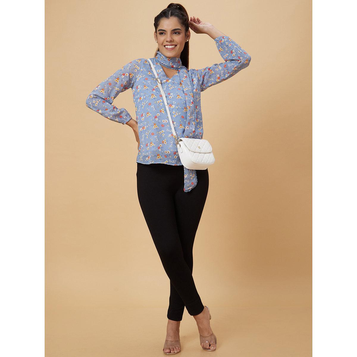 Globus X Styli Blue Floral Print Tie-Up Neck Top-women-clothing-shirtsandblouses-blouses-image-1