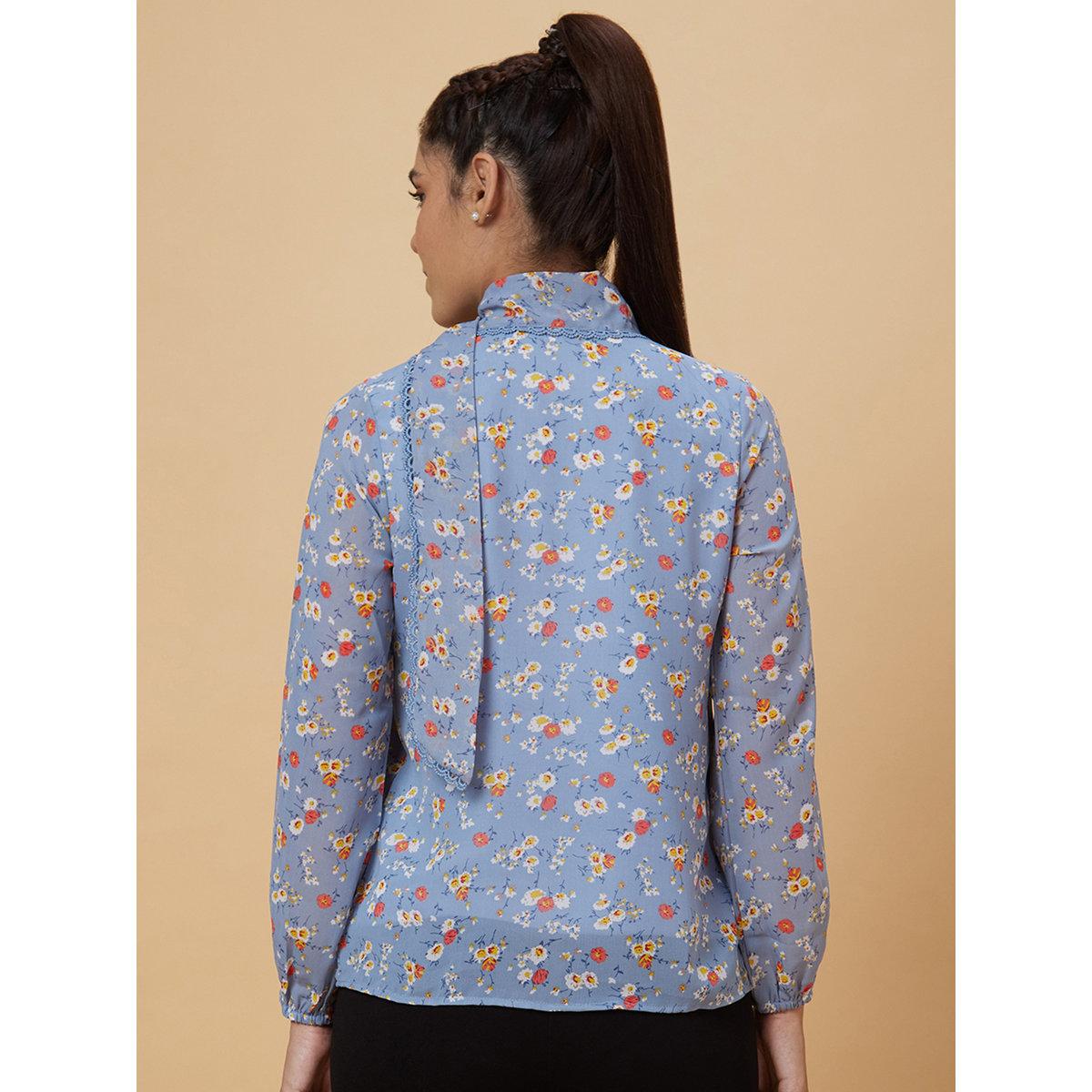 Globus X Styli Blue Floral Print Tie-Up Neck Top-women-clothing-shirtsandblouses-blouses-image-3