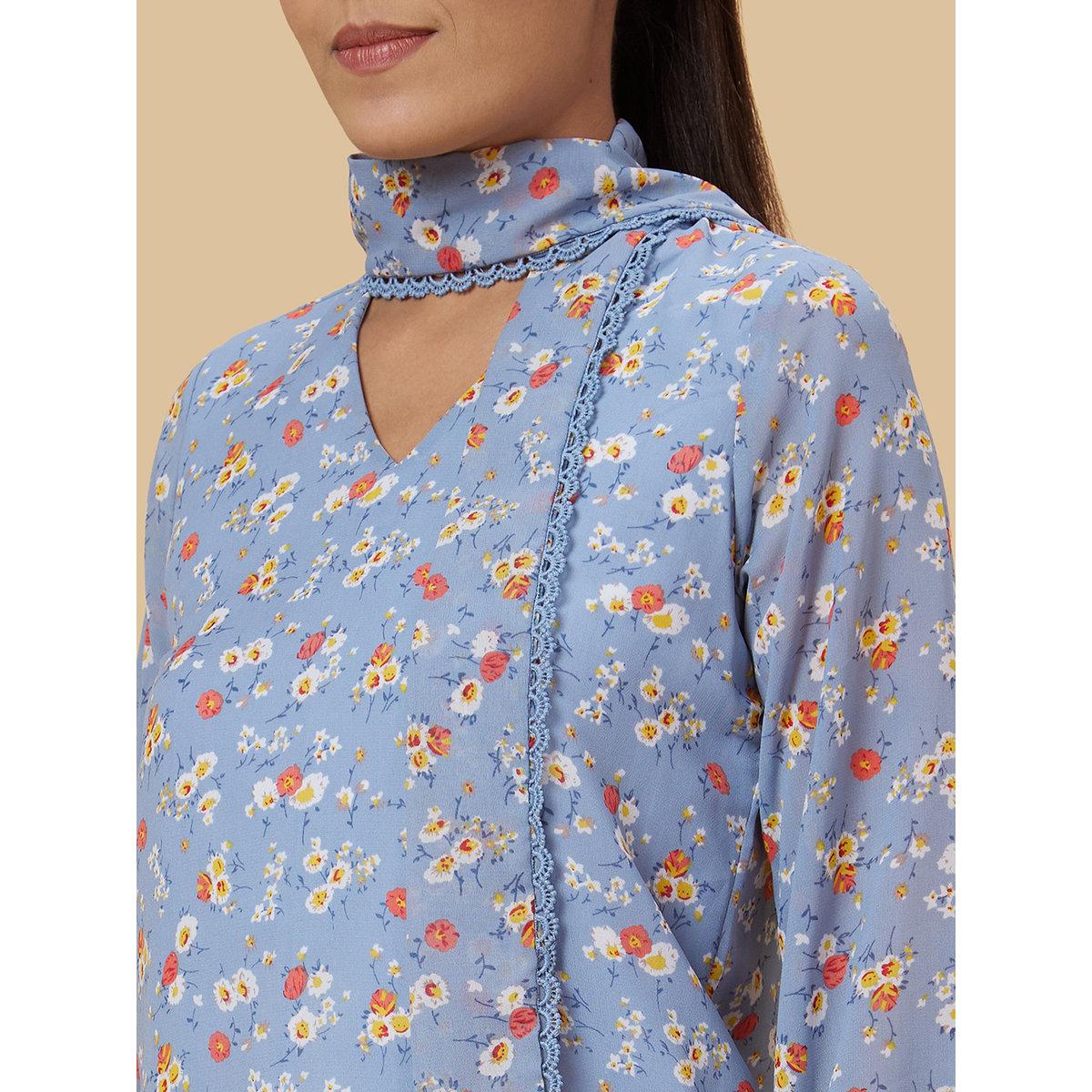 Globus X Styli Blue Floral Print Tie-Up Neck Top-women-clothing-shirtsandblouses-blouses-image-5
