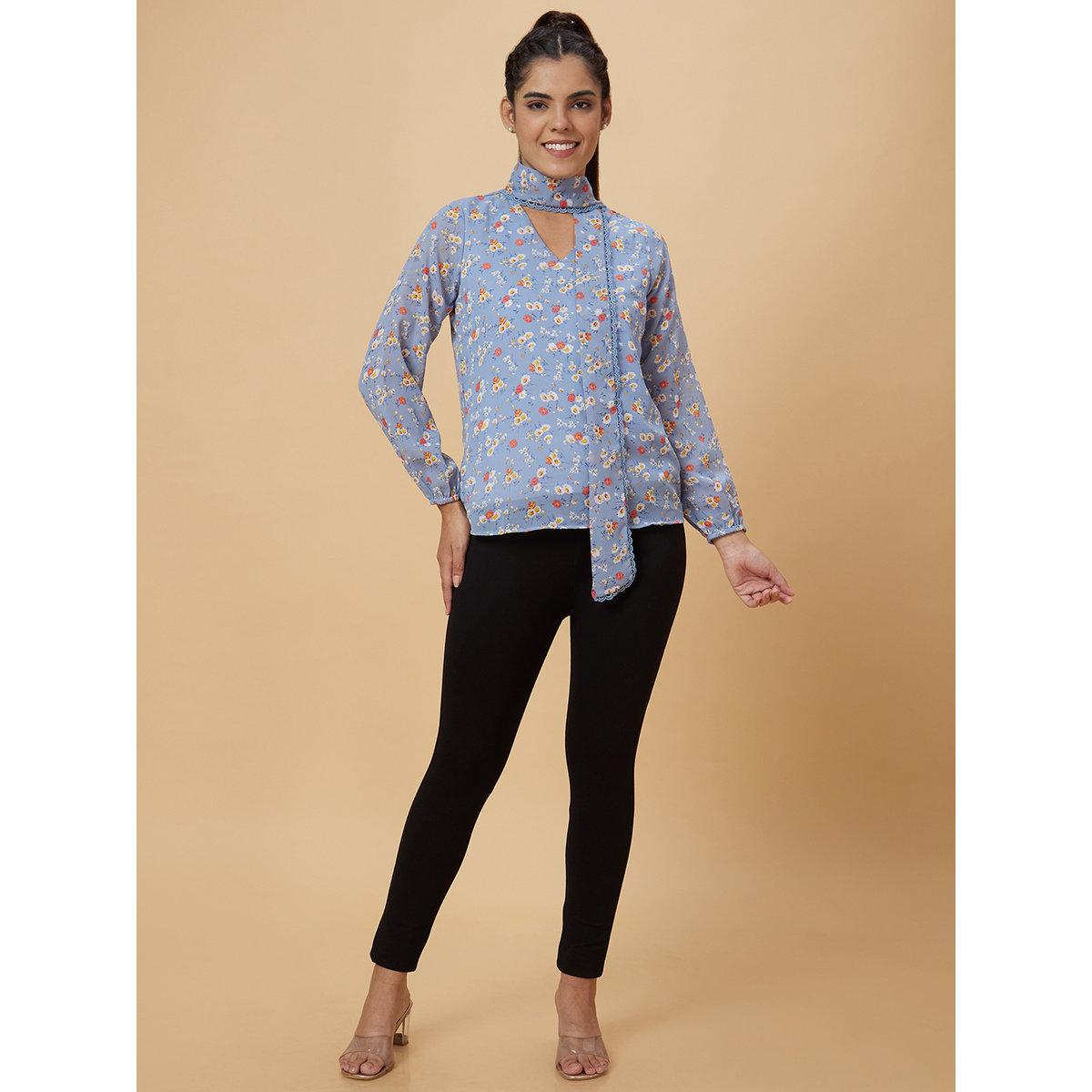 Globus X Styli Blue Floral Print Tie-Up Neck Top-women-clothing-shirtsandblouses-blouses-image-6