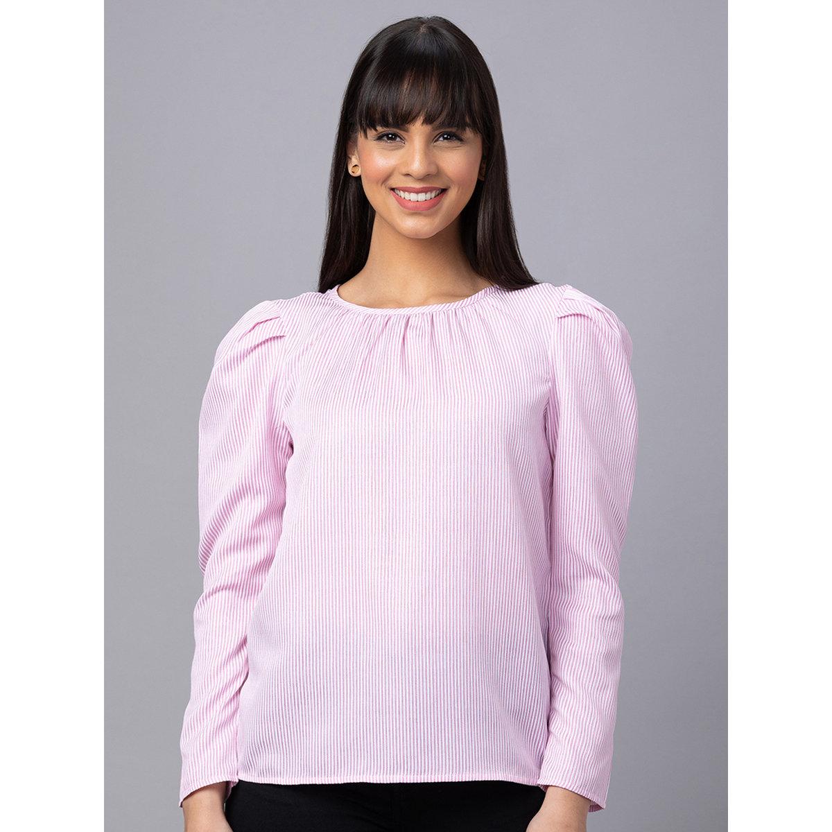 Globus X Styli Pink Striped Puff Sleeves Top-women-clothing-shirtsandblouses-blouses-image-1