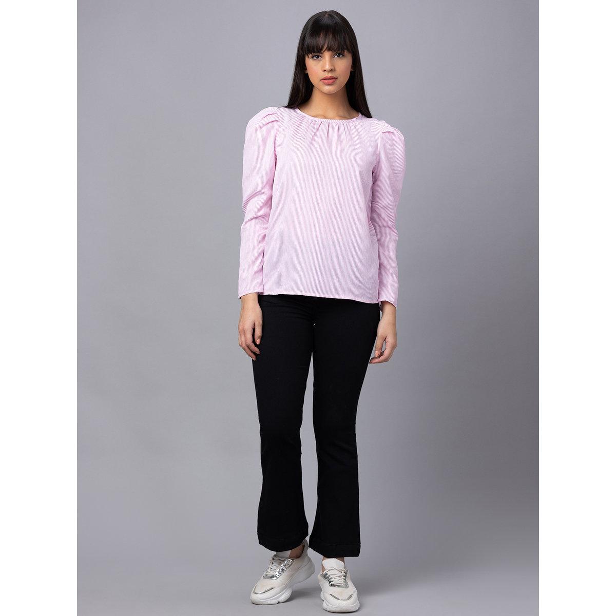 Globus X Styli Pink Striped Puff Sleeves Top-women-clothing-shirtsandblouses-blouses-image-2