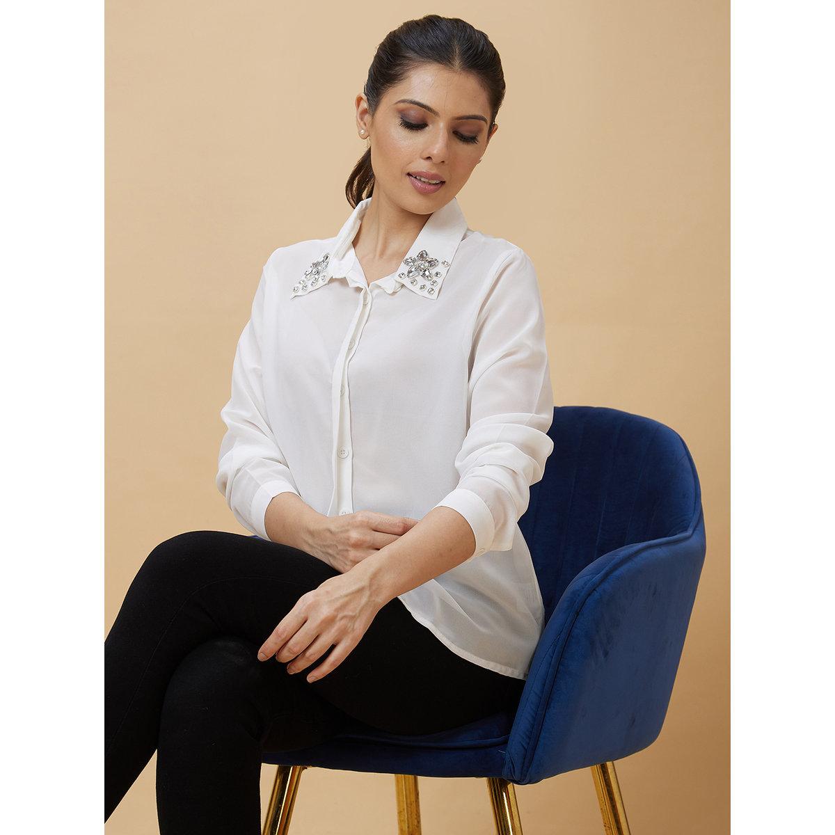 Globus X Styli White Embellished Collar Cuffed Sleeves Shirt-women-clothing-shirtsandblouses-shirts-image-1