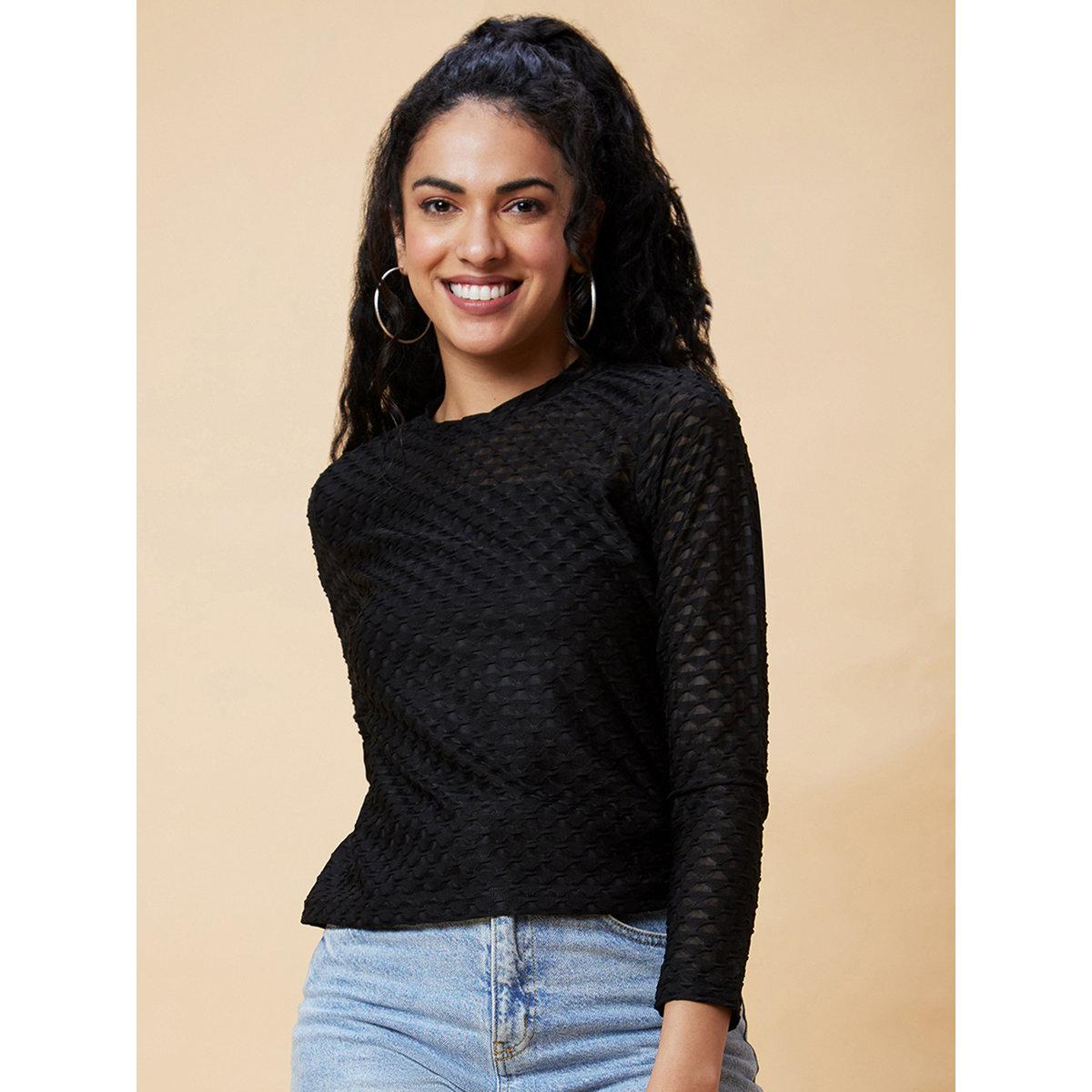 Globus X Styli Black Textured Round Neck Top-women-clothing-shirtsandblouses-blouses-image-2