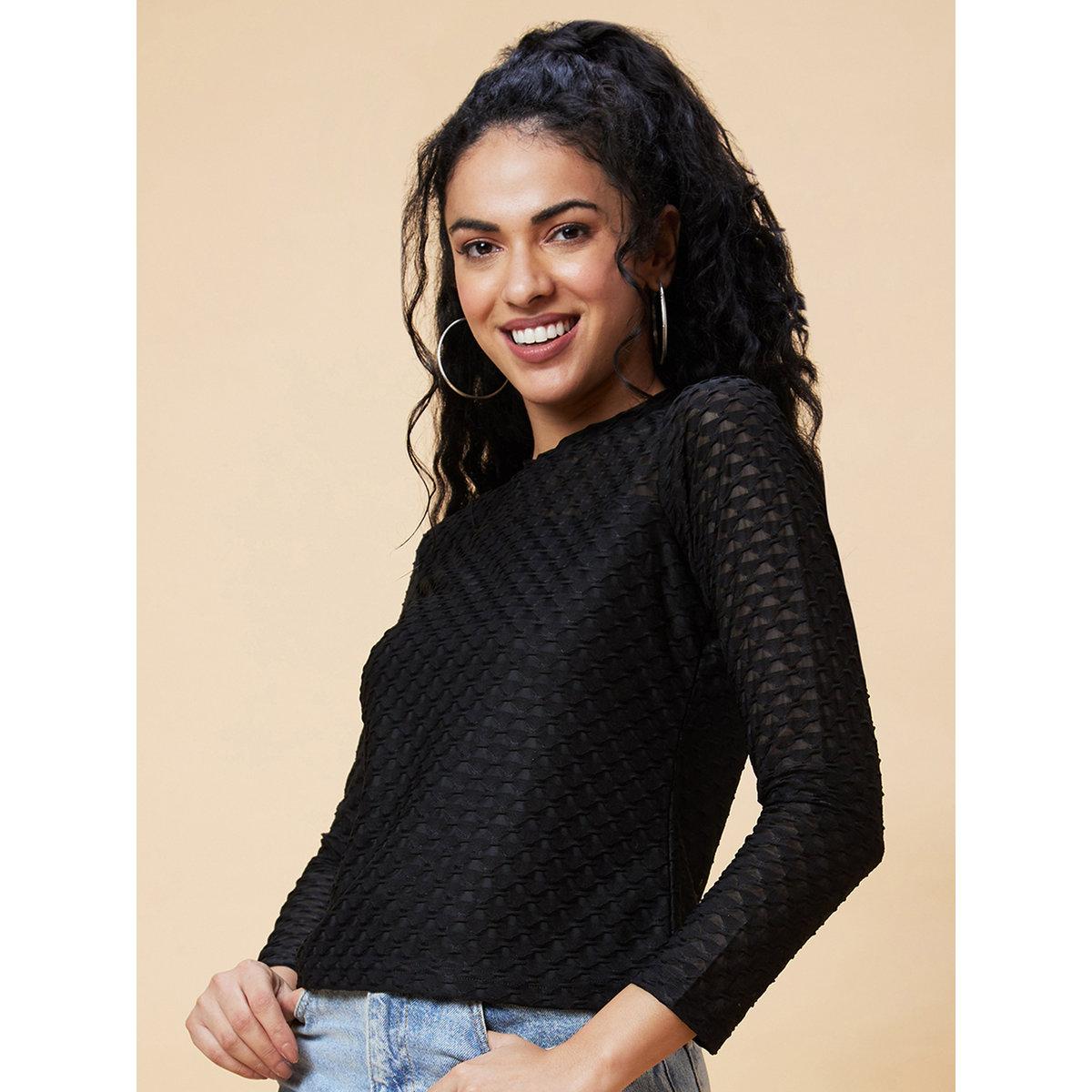Globus X Styli Black Textured Round Neck Top-women-clothing-shirtsandblouses-blouses-image-3