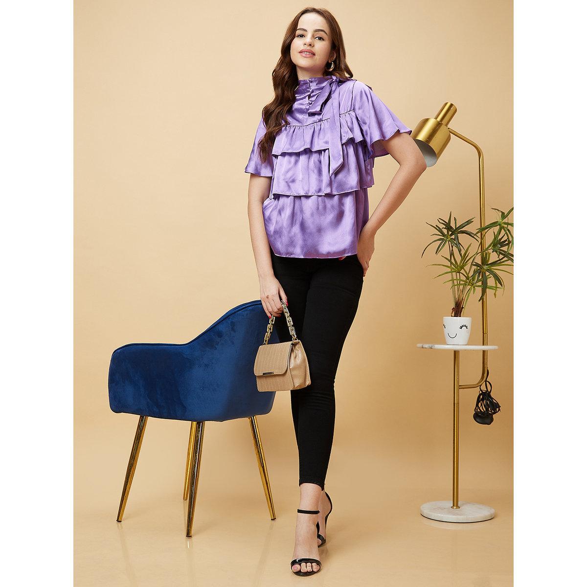 Globus X Styli Purple Layered Frill Sleeves Satin Blouse-women-clothing-shirtsandblouses-blouses-image-6