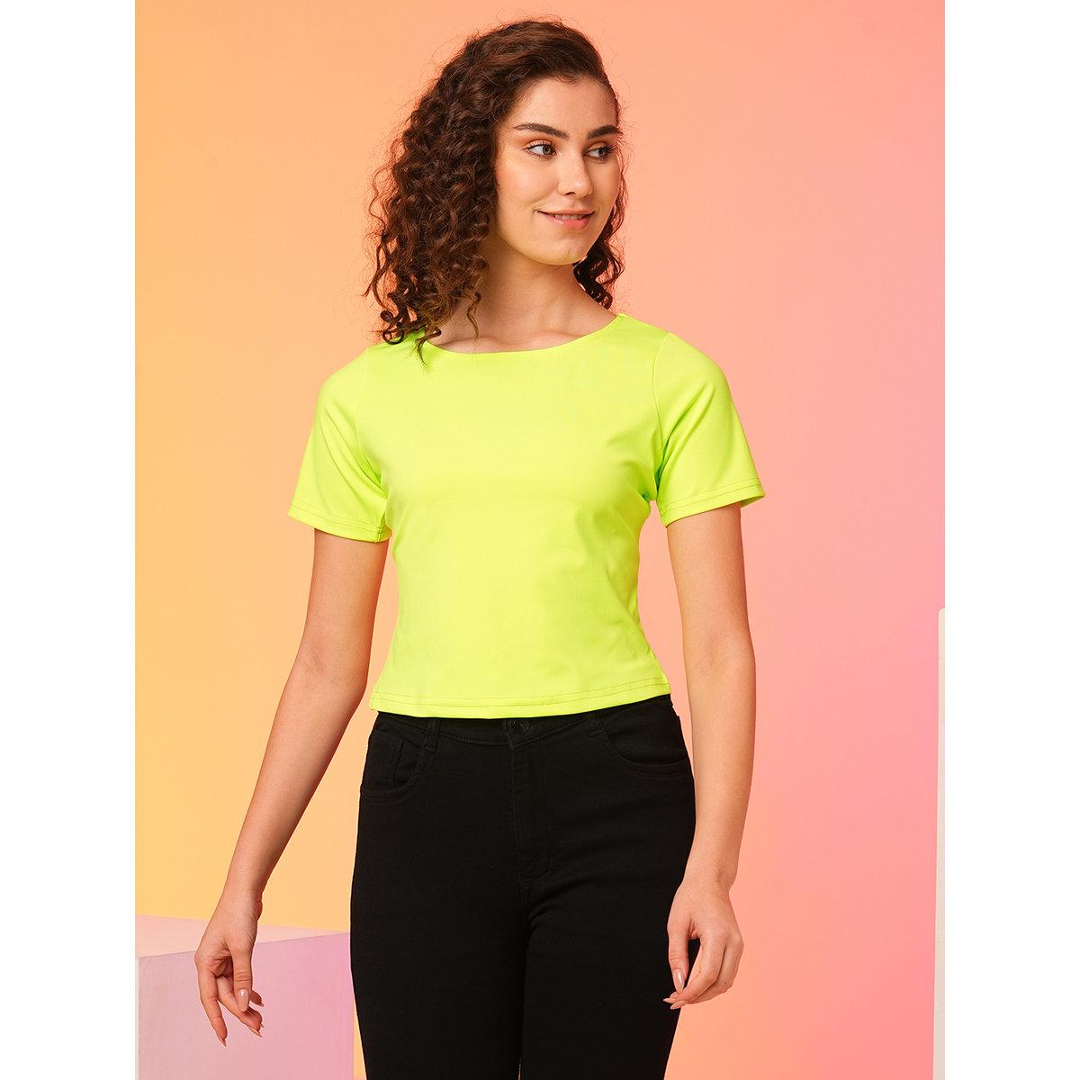 Globus X Styli Neon Green Bow Detail Styled Back Crop Top-women-clothing-tshirts-image-2