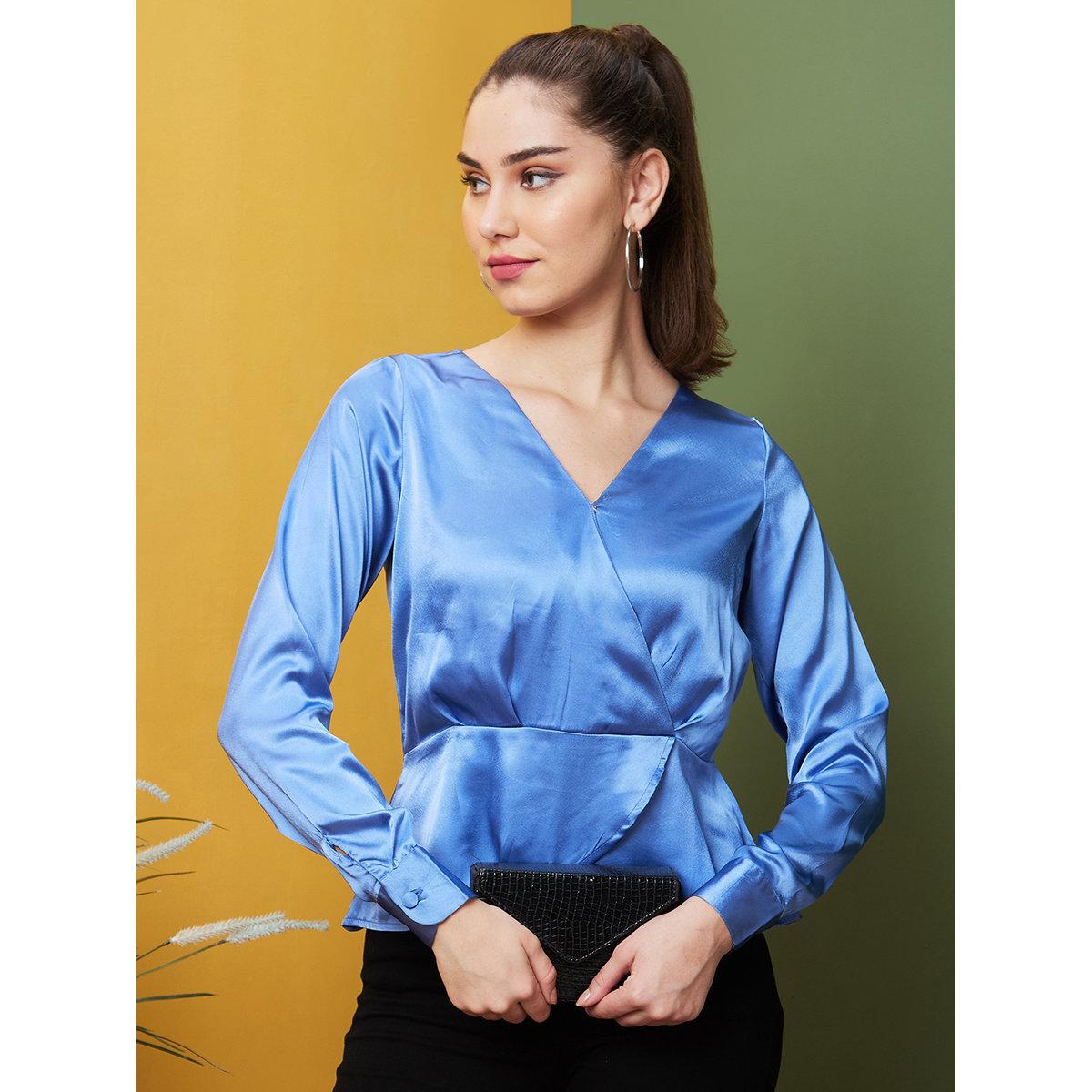 Globus X Styli Blue Satin Wrap Front Top-women-clothing-shirtsandblouses-blouses-image-1