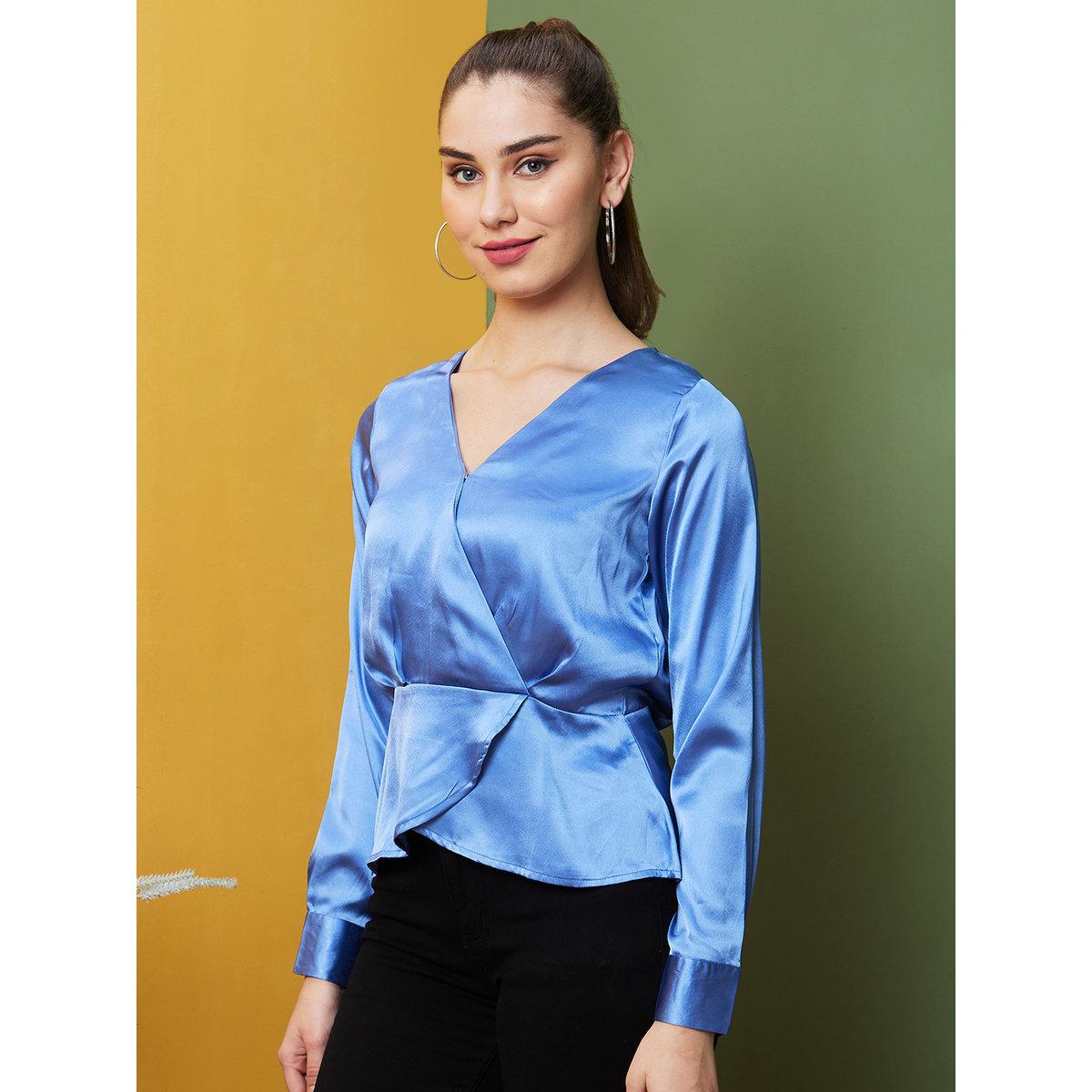 Globus X Styli Blue Satin Wrap Front Top-women-clothing-shirtsandblouses-blouses-image-2