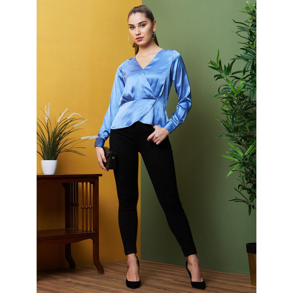 Globus X Styli Blue Satin Wrap Front Top-women-clothing-shirtsandblouses-blouses-image-5