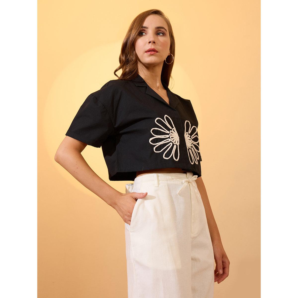 Globus X Styli Black Floral Embroidered Boxy Crop Shirt-women-clothing-shirtsandblouses-shirts-image-2