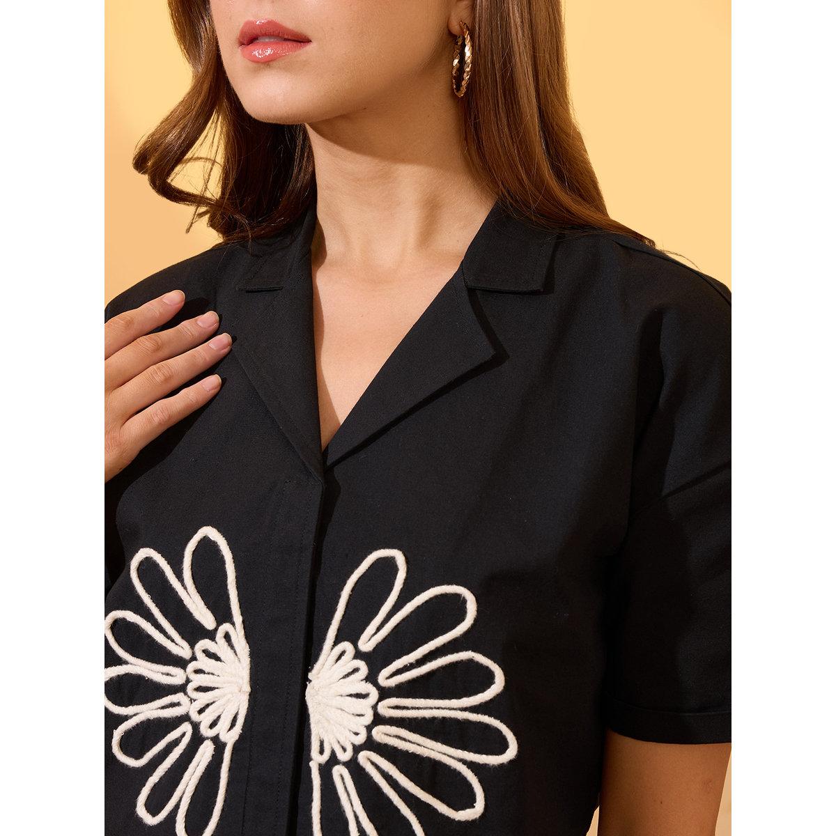 Globus X Styli Black Floral Embroidered Boxy Crop Shirt-women-clothing-shirtsandblouses-shirts-image-4