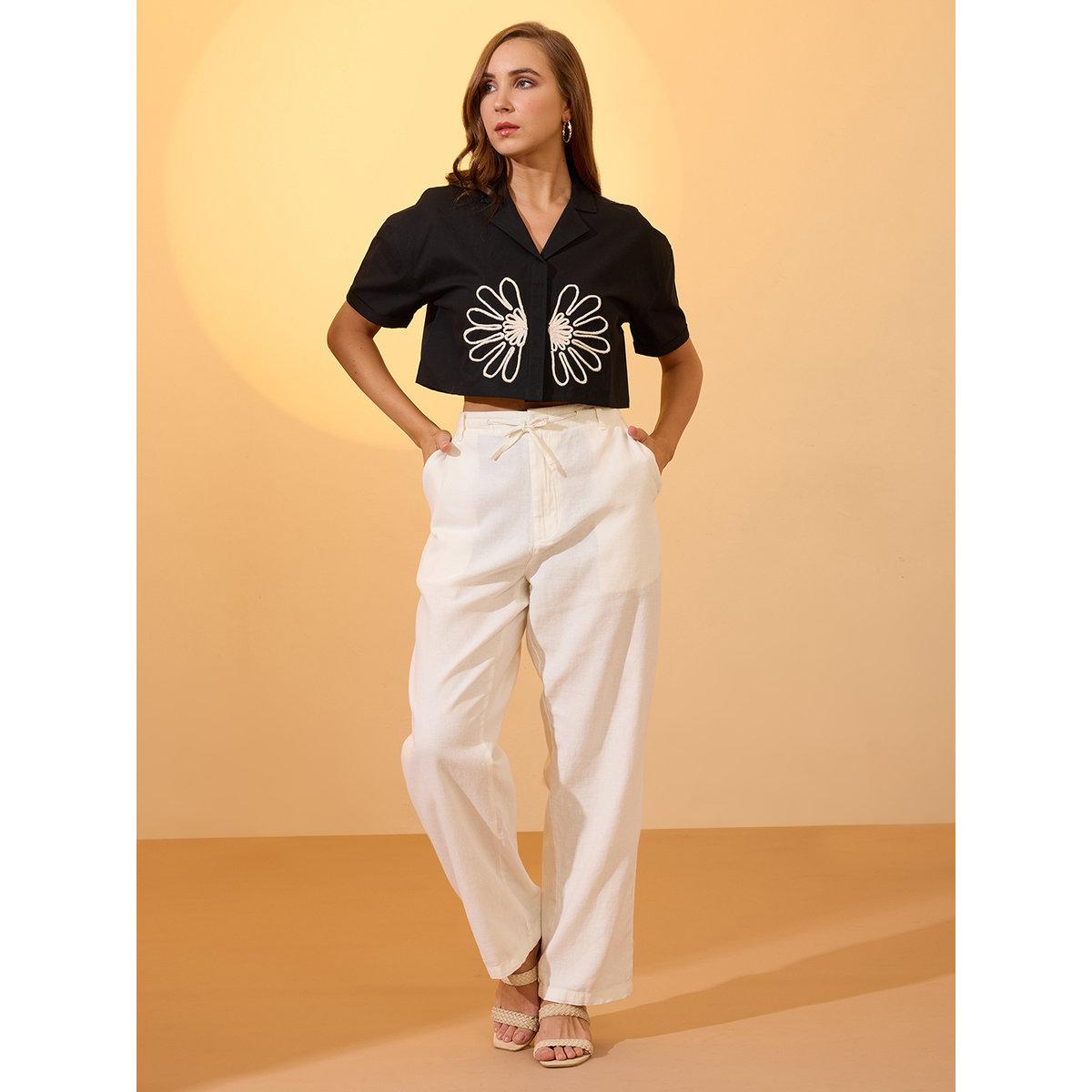 Globus X Styli Black Floral Embroidered Boxy Crop Shirt-women-clothing-shirtsandblouses-shirts-image-5