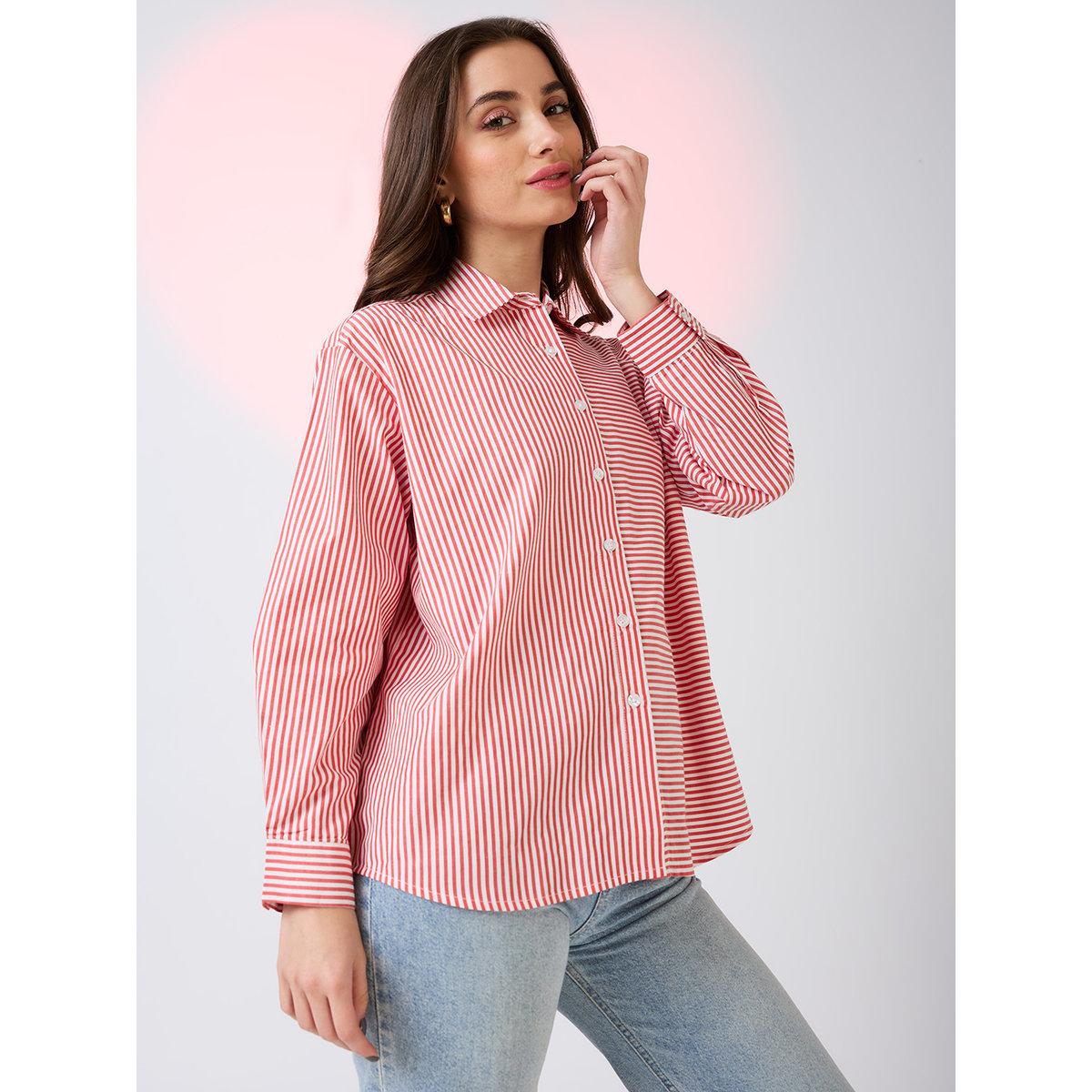 Globus X Styli Red Striped Oversized Workwear Shirt-women-clothing-shirtsandblouses-shirts-image-1