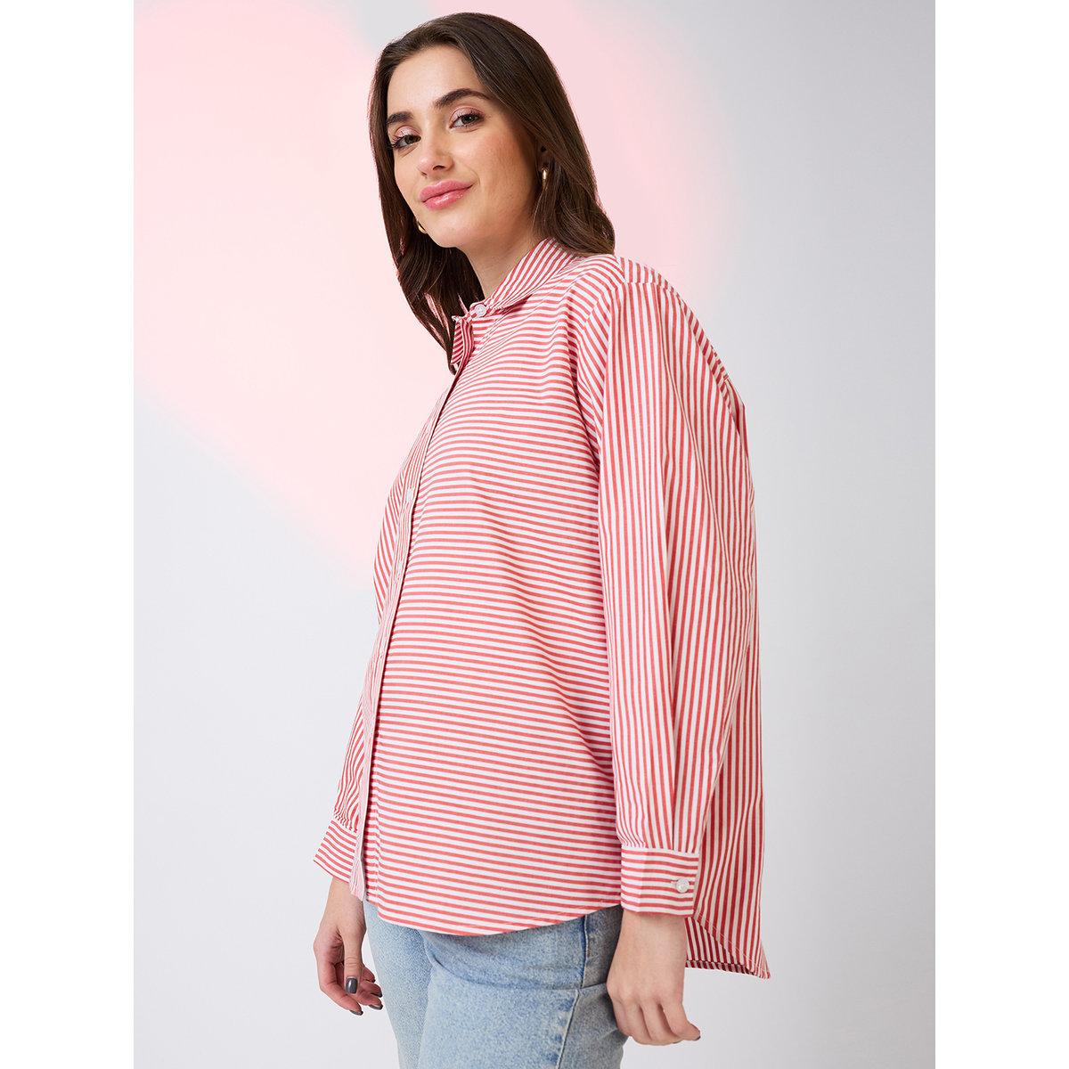 Globus X Styli Red Striped Oversized Workwear Shirt-women-clothing-shirtsandblouses-shirts-image-2