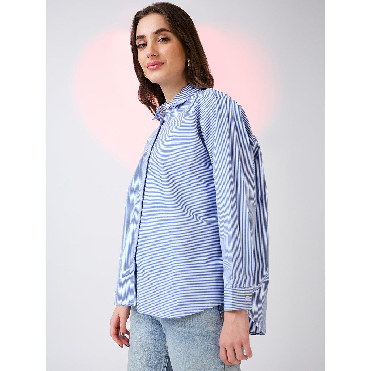 Globus X Styli Blue Striped Oversized Workwear Shirt-women-clothing-shirtsandblouses-shirts-image-2
