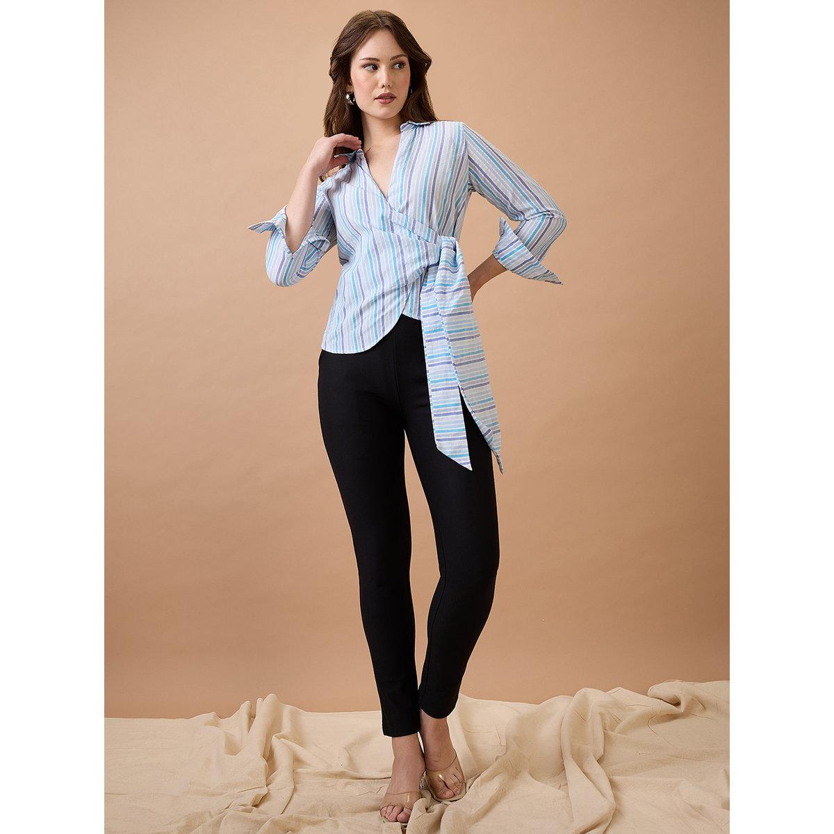 Globus X Styli Blue Striped Workwear Wrap Shirt-women-clothing-shirtsandblouses-shirts-image-5