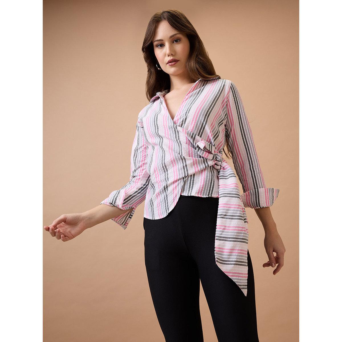 Globus X Styli Multi Striped Workwear Wrap Shirt-women-clothing-shirtsandblouses-shirts-image-1