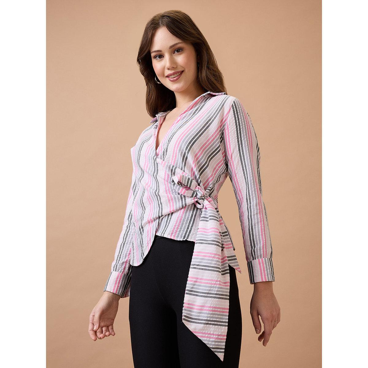 بلوزة مخططة بنمط لف-women-clothing-shirtsandblouses-shirts-image-2