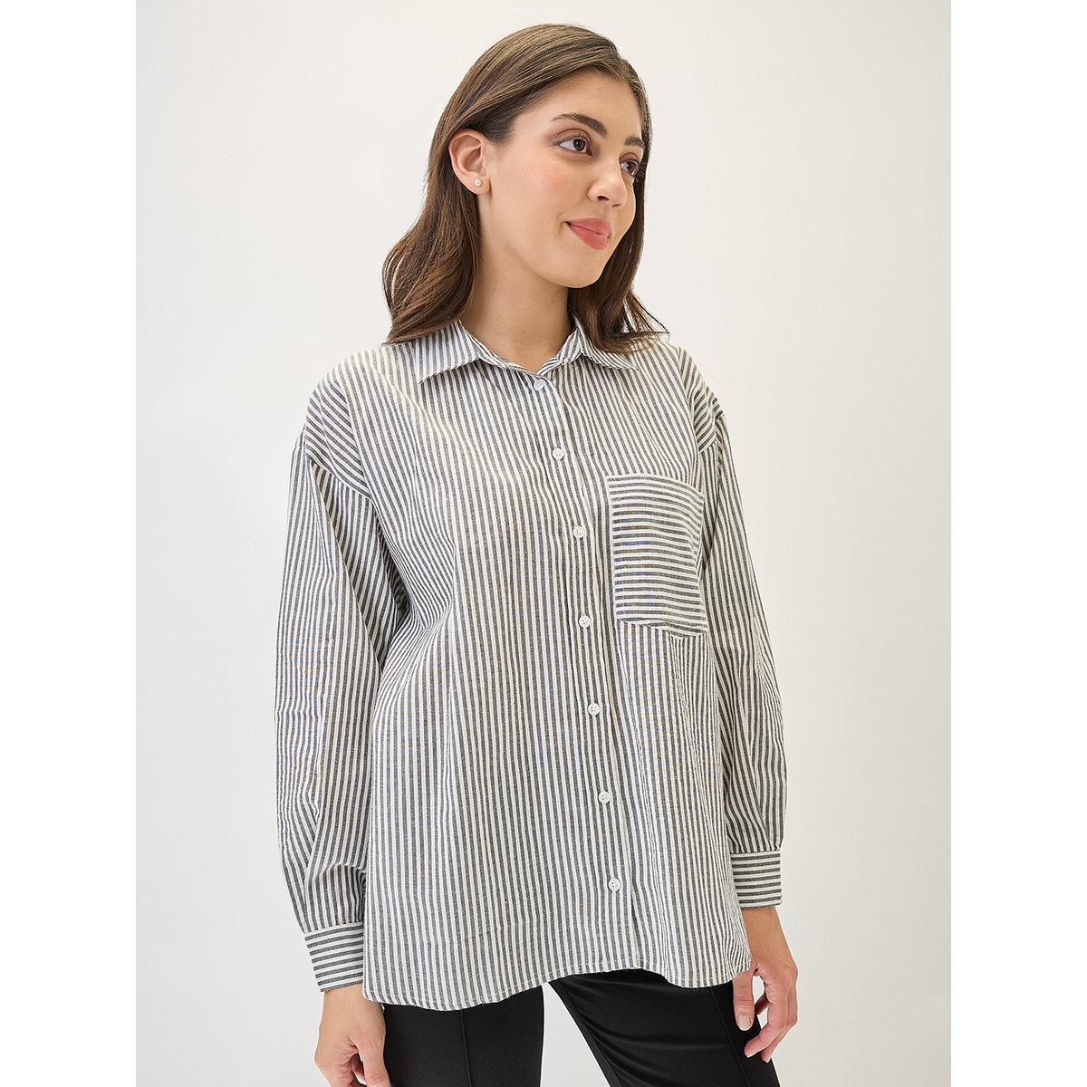 Globus X Styli Black Striped High-Low Hem Workwear Shirt-women-clothing-shirtsandblouses-shirts-image-2