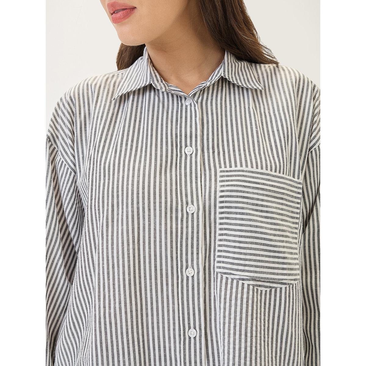 Globus X Styli Black Striped High-Low Hem Workwear Shirt-women-clothing-shirtsandblouses-shirts-image-4