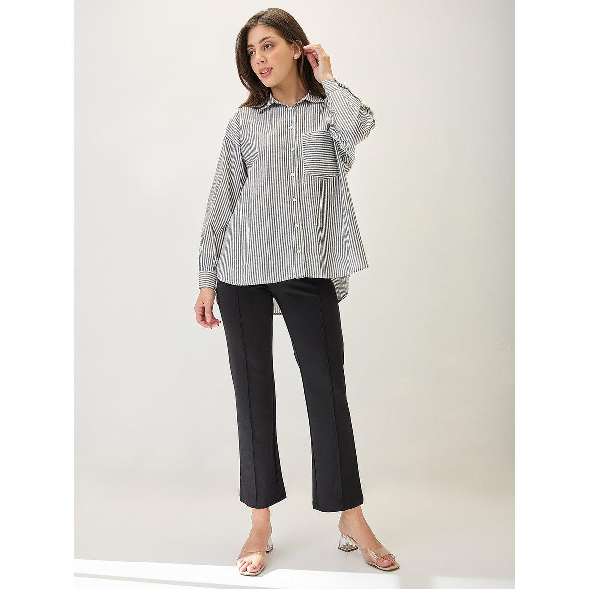 Globus X Styli Black Striped High-Low Hem Workwear Shirt-women-clothing-shirtsandblouses-shirts-image-5