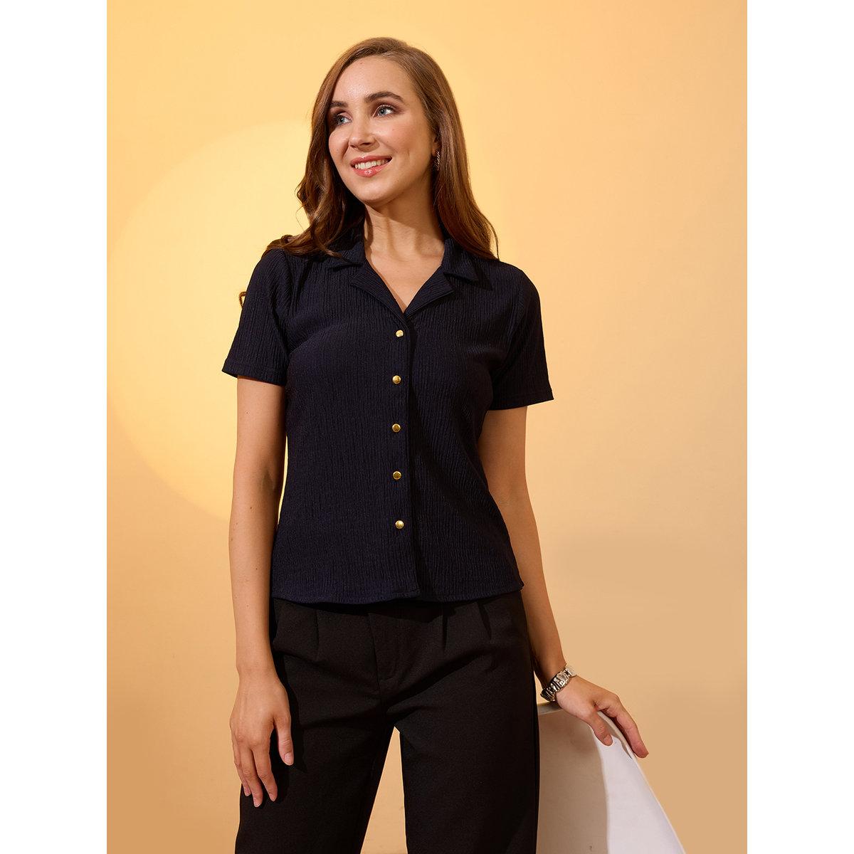 Globus X Styli Navy Textured Notch Lapel Workwear Shirt-women-clothing-shirtsandblouses-shirts-image-1